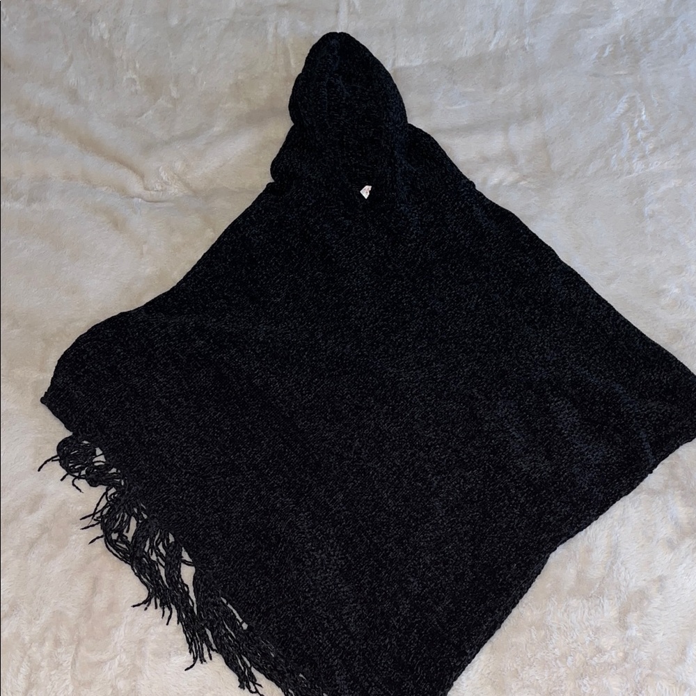 Black Hooded Poncho with Fringe